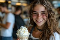 Young blonde woman enjoying vanilla ice cream cone in busy cafe with warm smile and casual summer outfit for lifestyle advertising.