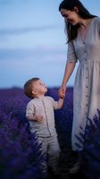 Young mother with long dark hair and Caucasian ethnicity holding hands with her toddler son in a blooming lavender field at dusk, both wearing light linen clothing, sharing a joyful moment together.