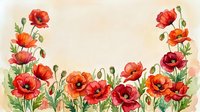 Watercolor red poppies floral border frame on beige background with copy space for greeting cards and invitations.