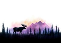 Silhouette of majestic moose standing against purple mountain landscape with evergreen forest and sunset sky in watercolor style, creating dramatic wilderness scene.