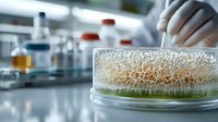 Bacterial colony growth in petri dish showing foam-like structure. Laboratory research background with blurred equipment and glassware. Scientific experiment.