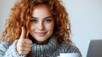 Young redhead woman with natural curly hair showing thumbs up while wearing cozy gray knit sweater, expressing positivity and satisfaction against light background.