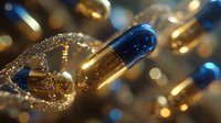 Macro view of blue and gold capsule pills with glittering chain, representing pharmaceutical industry or medical treatment concept.