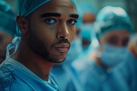 African American male surgeon in scrubs and cap looking focused during operation, with medical team in background. Dramatic teal lighting creates intense atmosphere.