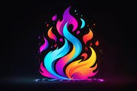 Vibrant multicolored flame design with flowing curves in neon blue, purple, pink, and orange against dark background, creating dynamic abstract art composition.