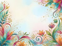 Colorful ornamental floral border with swirling leaves and decorative elements on soft pastel background, isolated design for invitations, cards, and creative projects.