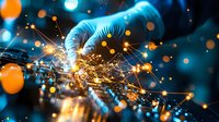 Bright sparks and glowing particles fly during industrial welding process with worker in protective gloves, close-up view against dark background with bokeh effect.