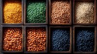 Colorful dried lentils and peas in wooden box compartments, including yellow, green, brown, white, orange and blue varieties arranged in rustic storage display.