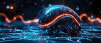Futuristic glowing mouse device on digital network surface with neon orange and blue light trails, reflecting modern gaming and technology concept.