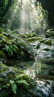 Green iguana resting on mossy rocks beside tropical stream in lush rainforest with sunbeams filtering through dense canopy creating magical atmosphere.