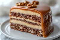 Layered chocolate and caramel cake slice with pecan garnish on white plate, featuring rich cream filling and smooth caramel drip topping, macro food photography.