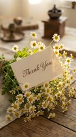 Thank you card nestled among fresh chamomile daisies on a rustic wooden table, warm bokeh background, cozy vintage style.
