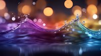 Colorful liquid splash with purple and blue waves colliding against blurred golden bokeh background, creating dynamic water drops and ripples in motion.