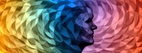 Human head silhouette with colorful rainbow spiral pattern background representing creativity, mental health, psychology and abstract thinking concepts.