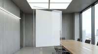 Modern minimalist conference room with concrete walls, wooden table and city view through floor-to-ceiling windows for corporate meetings and presentations.