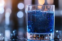 Vibrant blue carbonated beverage in clear glass with sparkling bubbles against blurred bokeh background, refreshing summer drink with fizzy texture.