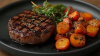 Grilled beef tenderloin steak with roasted baby carrots and fresh microgreens served on black plate, close up view showing juicy meat texture and grill marks.