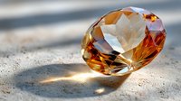 Brilliant amber diamond gemstone on sandy beach with sunlight creating sparkling reflections, luxury jewelry concept for high-end design.