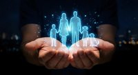 Hands holding glowing holographic family figures with digital network connections representing protection, care and insurance concepts for modern families.