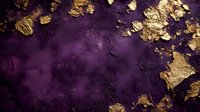 Luxurious purple and gold abstract background with metallic gold leaf flakes scattered on dark violet textured surface creating elegant artistic composition.