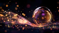 Magical crystal sphere with glowing golden and purple lights floating in dark space surrounded by luminous bokeh particles and energy waves. Mystical concept.
