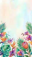 Watercolor tropical border with exotic flowers, palm leaves, monstera, orchids, and bird of paradise on a soft pastel background with copy space.