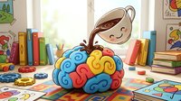 Creative brain shaped toy with colorful puzzle pieces in playroom setting with books and educational materials, suitable for child development and learning concepts.