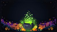 Glowing green witch cauldron with bubbling potion surrounded by jack-o-lanterns, bats, and spooky silhouettes on dark night sky background for Halloween designs.