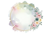 Watercolor floral wreath with gold circle frame, featuring pink roses, eucalyptus leaves, and soft pastel washes. Isolated design element for invitations, greeting cards, and wedding stationery projects.
