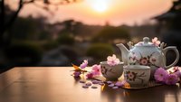 Elegant floral tea set with pink blossoms on wooden table during golden hour sunset creating peaceful outdoor dining atmosphere for relaxation moments.