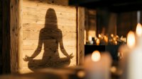 Woman in meditation pose silhouette carved into wooden panel with lit candles blurred in background, suitable for wellness, yoga, mindfulness and spa design projects.
