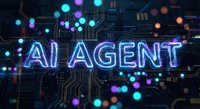 Futuristic AI agent neon text glowing on dark circuit board background with colorful bokeh lights for technology and artificial intelligence concepts.