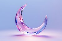 Translucent crescent shape with pink and blue gradient reflections floating above surface in soft lighting, creating ethereal minimal art piece for modern design projects.
