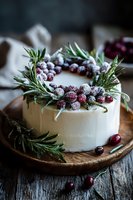 Festive white cheese wheel decorated with sugared cranberries and fresh rosemary sprigs on wooden board, perfect for holiday entertaining.