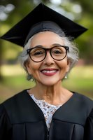 Senior Asian woman in graduation cap and gown smiling confidently with glasses and red lipstick against blurred green background. Represents lifelong learning and achievement.