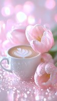 Cup of latte with heart pattern foam art surrounded by pink tulips covered in morning dew drops against soft bokeh background in pastel pink tones.