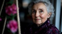 Senior woman with gray hair and fair complexion wearing a deep purple patterned garment, smiling warmly while standing near pink flowers and rope, suitable for lifestyle, aging, wellness and portrait projects.