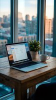 Modern workspace with laptop, coffee cup and plant on wooden desk by city window at sunset for remote work and productivity.