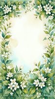 Watercolor floral frame with white flowers and green leaves on soft background for wedding invitations, greeting cards and spring designs.