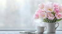 Pink tulips in white ceramic vase near coffee cup on windowsill with soft natural light. Minimalist spring morning composition creates peaceful atmosphere.