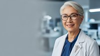 Senior Asian female doctor with gray hair and glasses smiling confidently in modern medical facility wearing white lab coat for healthcare marketing.
