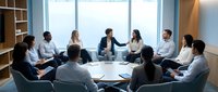 Diverse business team in modern conference room having collaborative meeting with natural lighting and contemporary office interior design.