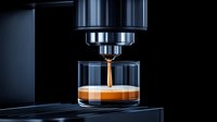 Fresh espresso pouring from coffee machine into glass cup with crema forming, dramatic dark background lighting creates luxury atmosphere.