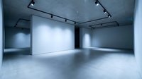 Modern empty gallery interior with white walls and professional track lighting system for art exhibitions and contemporary displays.