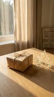 Rustic gift box wrapped in brown paper with twine beside delicate dried flowers on wooden table in warm sunlit room for special occasions and celebrations.