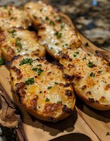 Baked potato halves topped with melted cheese, red pepper flakes and fresh chopped parsley on wooden cutting board, close up view of homemade comfort food.