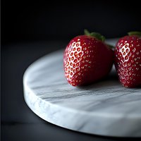 Fresh ripe strawberries on white marble board against dark background, dramatic lighting highlights fruit texture and natural shine.