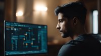 Young male programmer in profile view working on code at night, focused on computer screen displaying programming interface in dark room with ambient lighting.