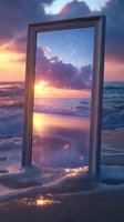 Mystical mirror frame standing on beach at sunset, reflecting magical ocean view with glowing particles and dramatic purple-orange sky. Surreal seascape composition.