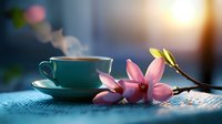 Steaming turquoise coffee cup with pink plumeria flowers on blue textured surface in soft morning light, creating serene spa-like atmosphere.